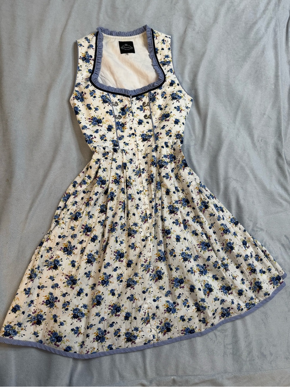 Cream Sleeveless Floral Sundress with Blue Trim